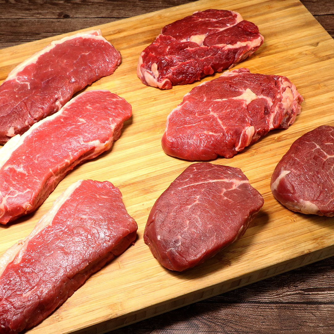 【FREE SHIPPING】Grass-Fed Beef Steaks 3 cuts 7pcs Taste-Test SET (Filet Mignon 2pcs, Ribeye Roast 2pcs, Striploin 3pcs)