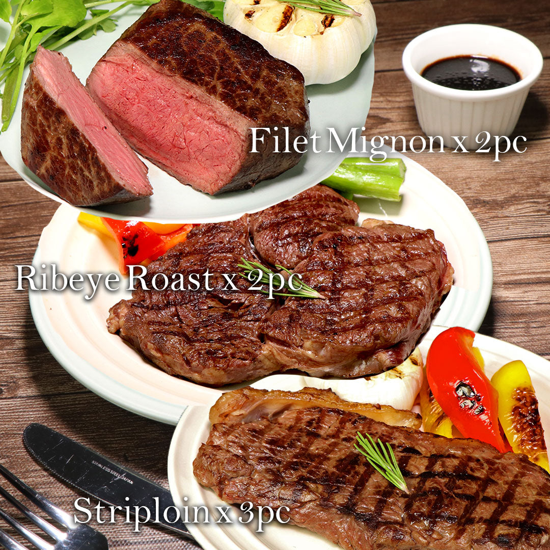 【FREE SHIPPING】Grass-Fed Beef Steaks 3 cuts 7pcs Taste-Test SET (Filet Mignon 2pcs, Ribeye Roast 2pcs, Striploin 3pcs)