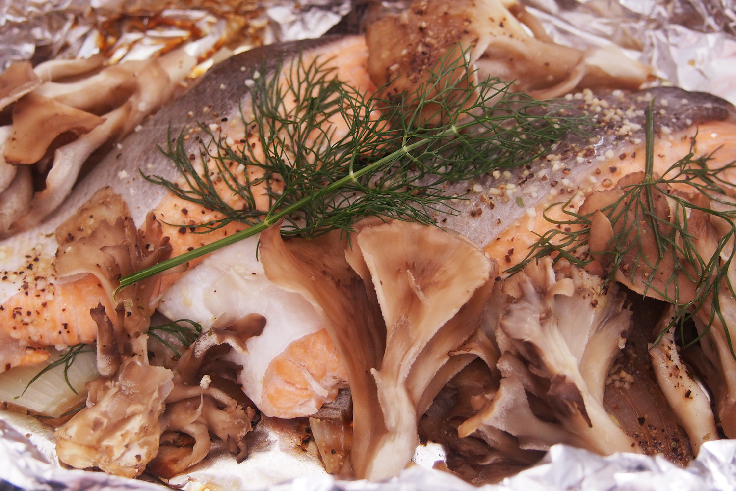 Grilled salmon and onion wheels