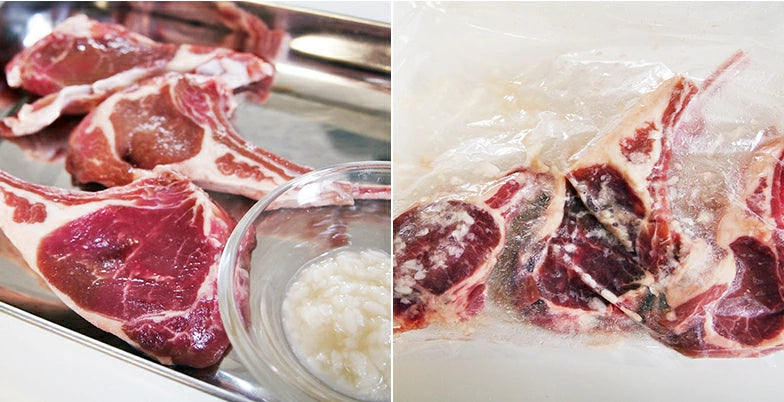 ラムチョップに塩麹をまんべんなく揉み込み