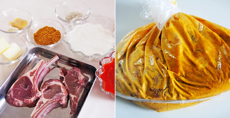 ラムチョップをヨーグルト、カレー粉に漬けてよく揉む