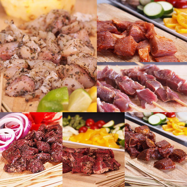 (送料無料) 味付け生肉キューブ5種セット(ワニ・カンガルー・ポーク・ビーフ・馬肉）竹串30本付